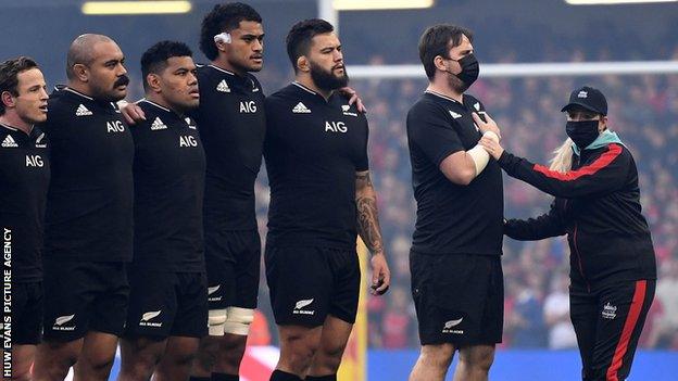 Daniel Jarvis stands in line with the New Zealand team before being ejected by Principality Stadium security