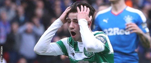 Celtic's Patrick Roberts reacts with anguish after missing an open goal