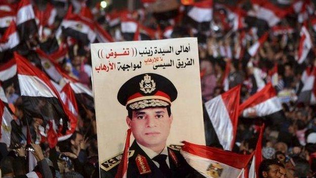 Supporters of the Egyptian military hold up a poster of Abdul Fattah al-Sisi in Cairo's Tahrir Square (25 January 2014)