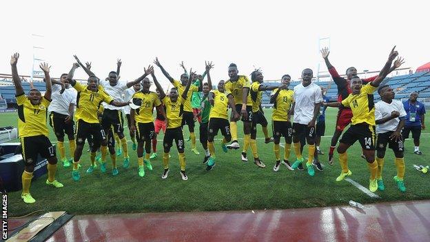 The Vanuatu national team perform a dance, 2017.