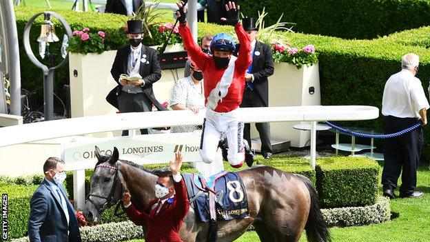 Frankie Dettori celebrates a win on Indie Angel at Royal Ascot in 2021