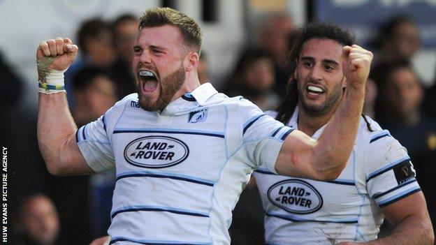 Owen Lane of the Cardiff Blues celebrates his try