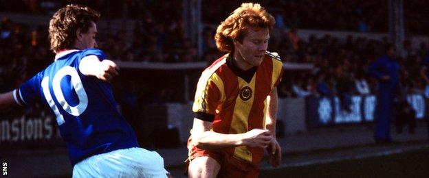 Dave MacKinnnon in action against Rangers in 1981