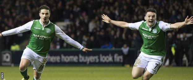 Hibernian's Jamie Maclaren (left) celebrates his goal with his teammate John McGinn