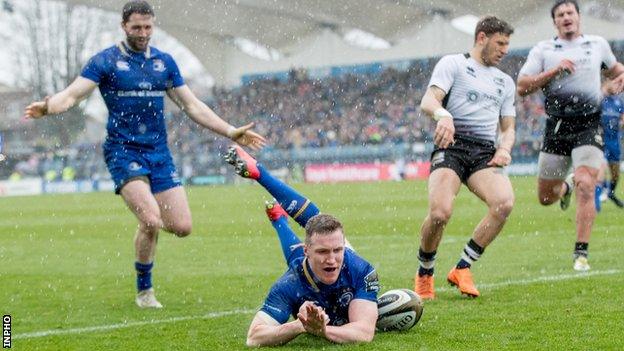 Rory O'Loughlin slides in to score Leinster's second try in the win over Zebre