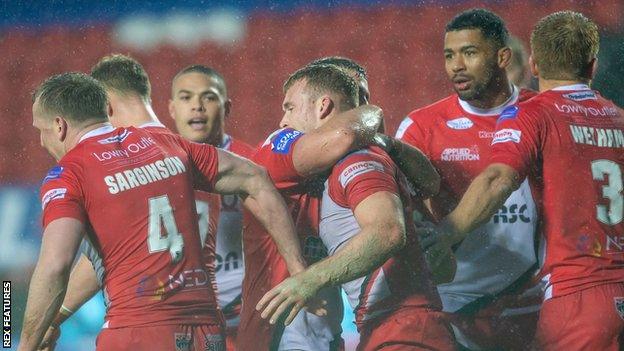 Salford celebrate Joey Lussick's winning try