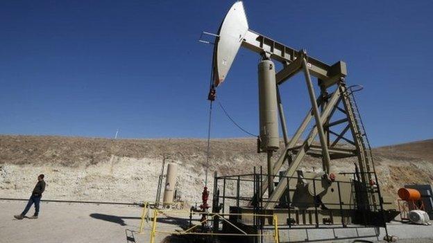 An exploratory pumpjack (also called nodding donkey, pumping unit, horsehead pump, rocking horse) well drills for oil in the Monterey Shale, California, April 29, 2013.