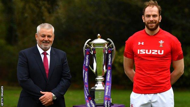 Wales boss Warren Gatland and captain Alun Wyn Jones with the Six Nations trophy