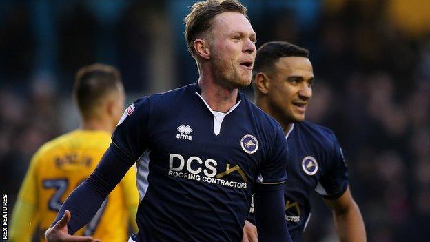Millwall forward Aiden O'Brien celebrates scoring a goal