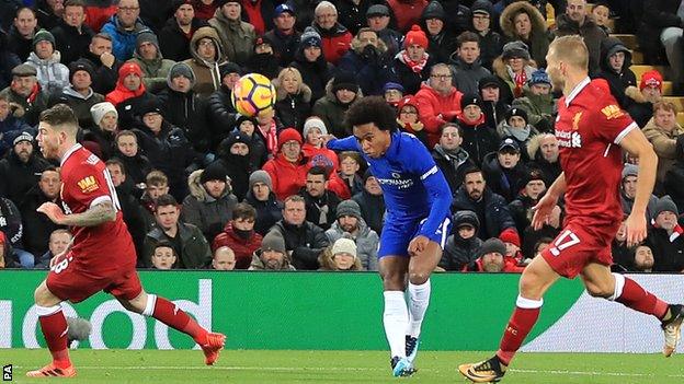 Willian scores Chelsea's equaliser against Liverpool