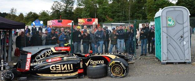 Pastor Maldonado's crashed Lotus at the 2104 Belgian Grand Prix