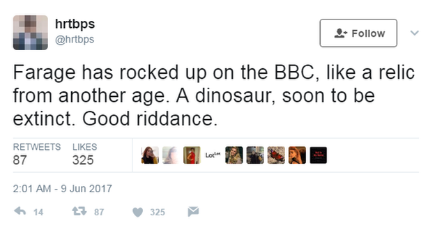 Tweet: Farage is a dinosaur