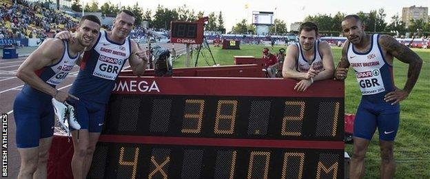 Team GB celebrate victory in the men's 4x100m