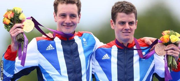 The Brownlee brothers celebrate at London 2012