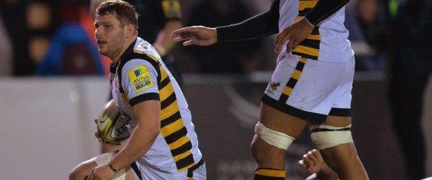 Thomas Young powered over for Wasps' third try just before the interval against Newcastle at Kingston Park