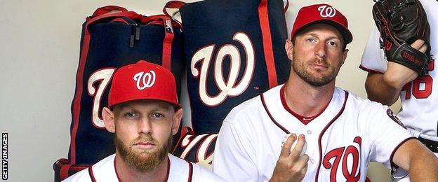 Washington Nationals' Stephen Strasburg and Max Scherzer