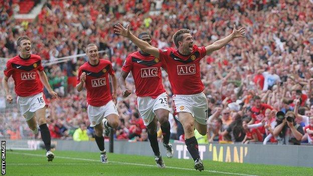 Michael Owen celebrates after scoring against Manchester City