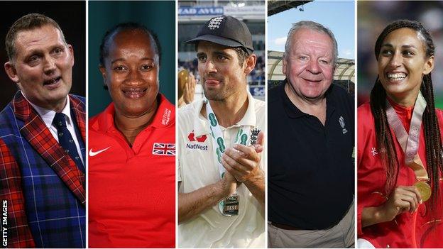 From left to right: Doddie Weir, Paula Dunn, Alastair Cook, Bill Beaumont and Geva Mentor