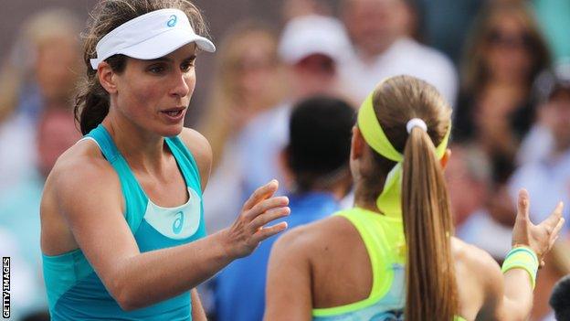 Johanna Konta congratulates Aleksandra Krunic