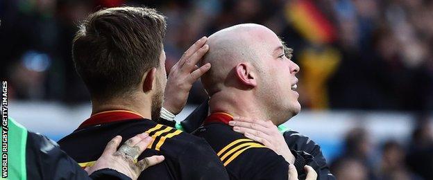 Jamie Murphy celebrates a German try