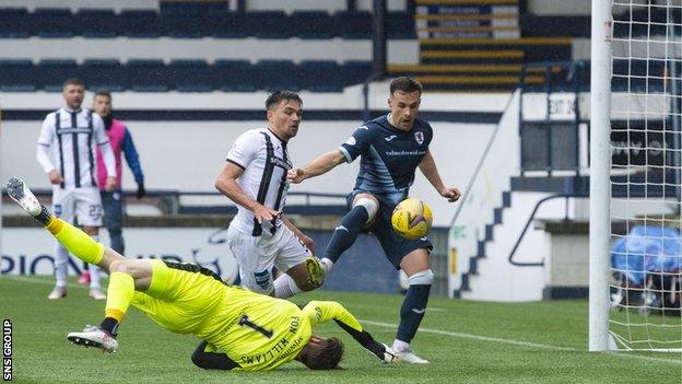 Lewis Vaughn knocks in the opening goal at Stark's Park