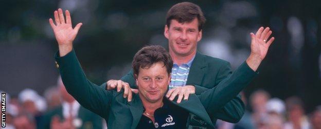 Ian Woosnam receives his green jacket from Nick Faldo after winning the 1991 Masters at Augusta