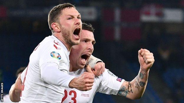 Denmark celebrate goal