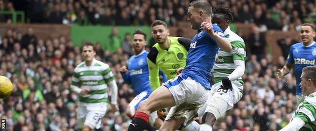 Rangers' Clint Hill fires the equaliser against Celtic