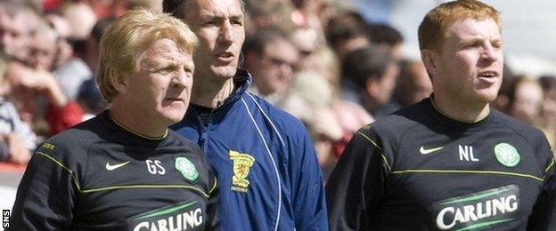 Gordon Strachan and Neil Lennon watch from the sidelines at Pittodrie when manager and first-team coach at Celtic respectively