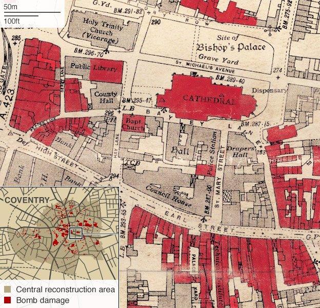 Close-up of map showing damaged buildings in central Coventry