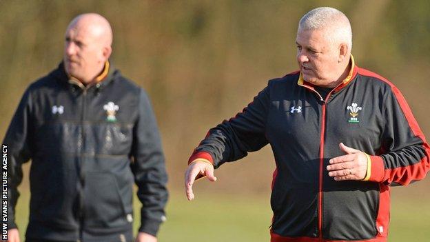 Shaun Edwards and Warren Gatland during a Wales training session