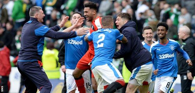 Wes Foderingham and his Rangers team-mates celebrate their penalty shoot-out win over Celtic