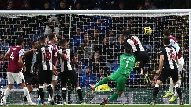 Chris Wood scores a header for Burnley against Newcastle