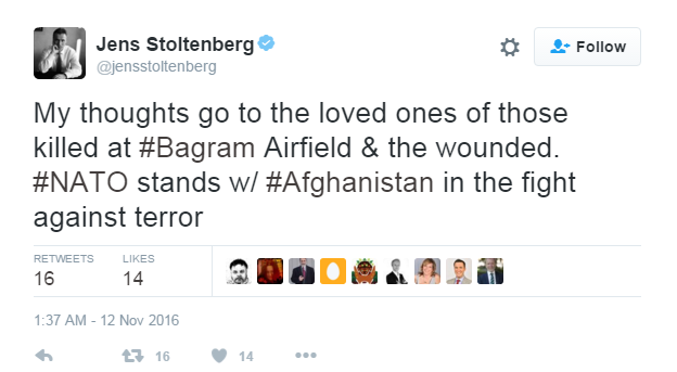 Tweet: "My thoughts go to the loved ones of those killed at Bagram airfield and the wounded. Nato stands with Afghanistan in the fight."