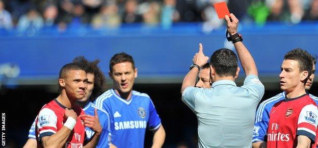 Kieran Gibbs wrongly sent off against Chelsea