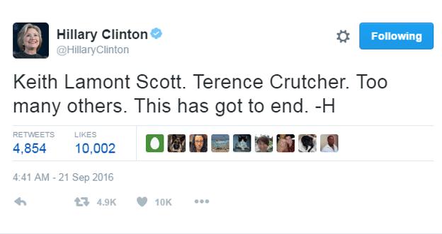 "Keith Lamont Scott. Terence Crutcher. Too many others. This has got to end. -H" - tweet by Hillary Clinton