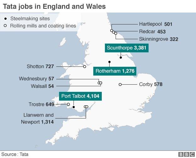 Map showing location of Tata teel jobs in the UK