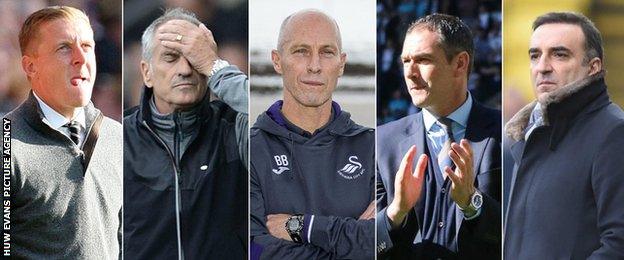 The last five Swansea City managers (from left): Garry Monk, Francesco Guidolin, Bob Bradley, Paul Clement and Carlos Carvalhal