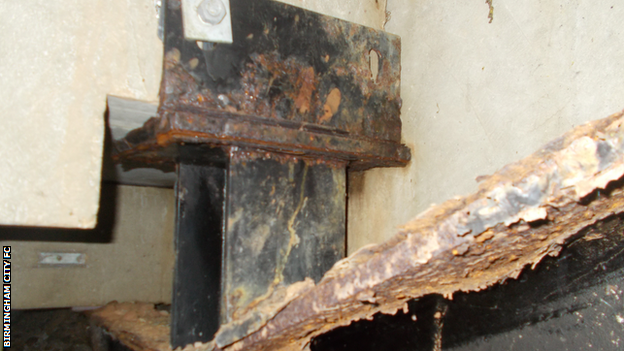 Corroded metal under the lower tiers of Blues' two main stands at St Andrew's have caused them to be closed all season