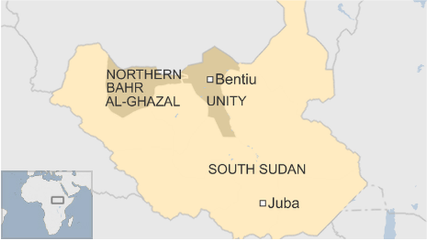 Map of South Sudan showing Unity and Northern Bahr al-Ghazal states