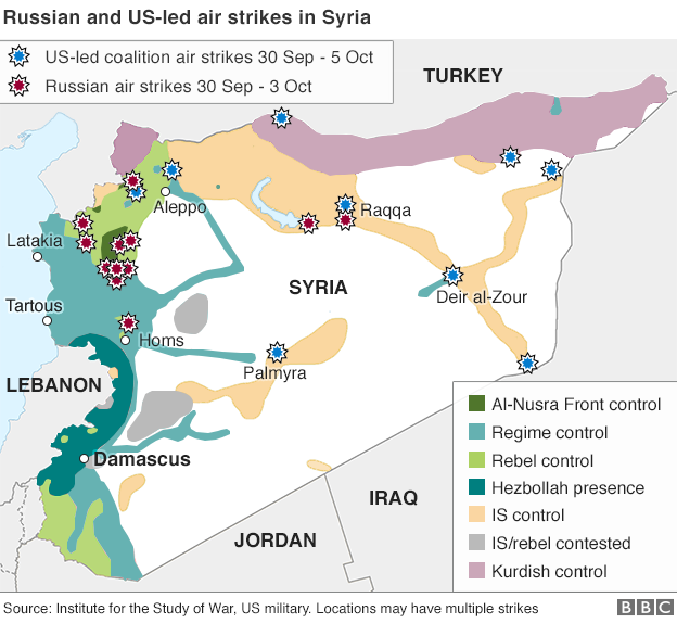 BBC map showing locations of US and Russian air strikes in Syria - 6 October 2015