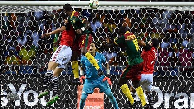 Nicolas Nkoulou scores with a header in the 2017 Nations Cup final against Egypt