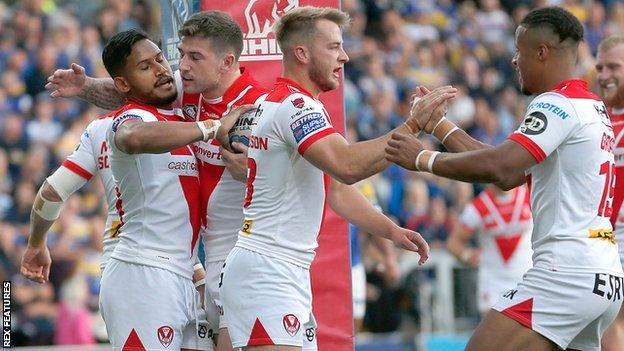 Ben Barba celebrates his try against Leeds Rhinos