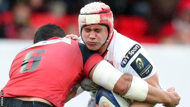 Kyle McCall in action for Ulster against Oyonnax last January