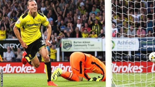 Burton's Jackson Irvine scores against Derby County