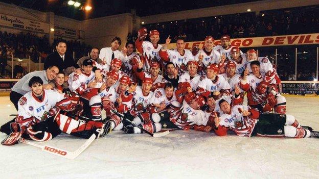 Cardiff Devils celebrate their Super League win in 1997.