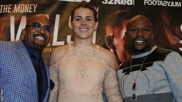 Marshall was presented to the media by Floyd Mayweather (right) and Leonard Ellerbe of Mayweather Promotions