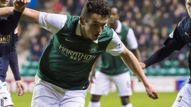 Hibs midfielder John McGinn takes on the Falkirk defence