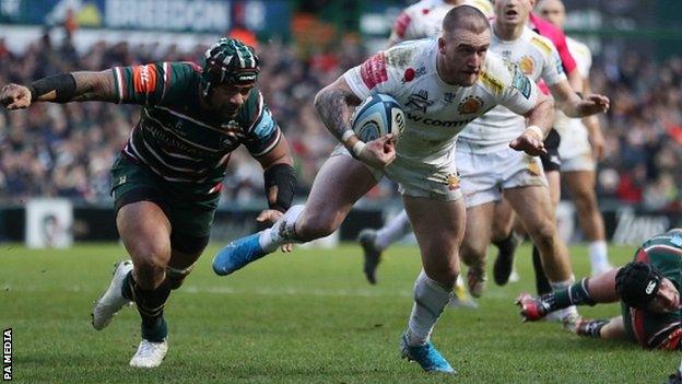 Exeter full-back Stuart Hogg carries the ball against Leicester