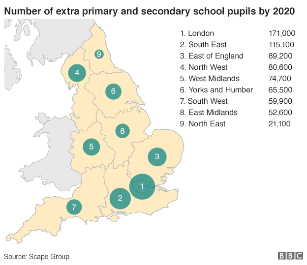 Map showing number of extra primary and secondary pupils by 2020